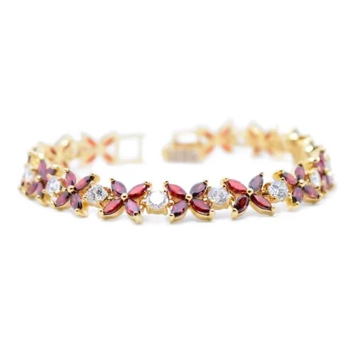 Pulsera Con Flores Rojas Cristales Diamantados Baño Oro 18k